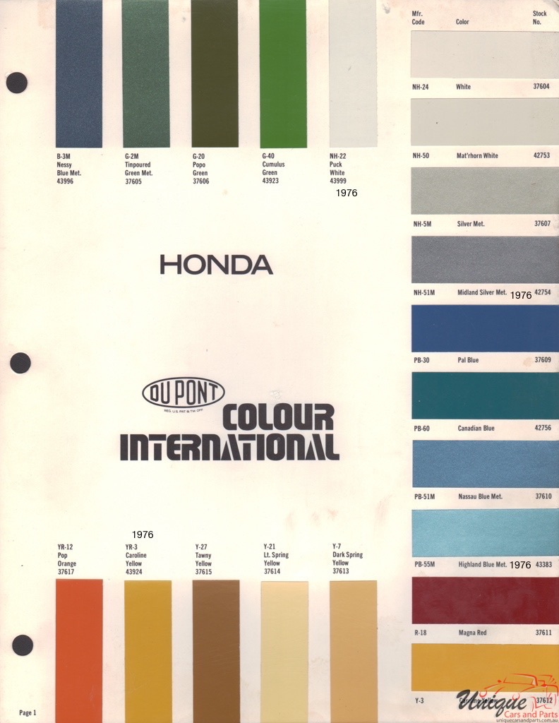 1976 Honda International Paint Charts DuPont 1